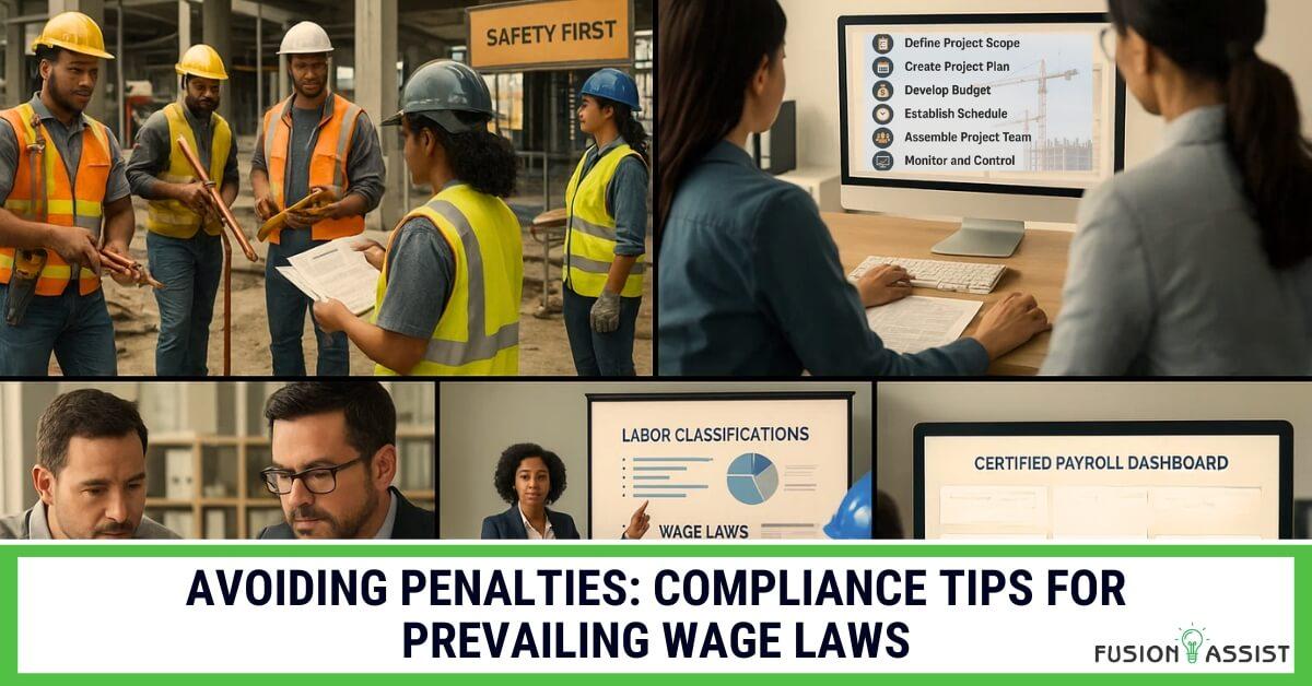 Construction workers and professionals on a job site, with overlays showing key compliance areas like labor classifications, payroll, and wage laws, for avoiding prevailing wage penalties