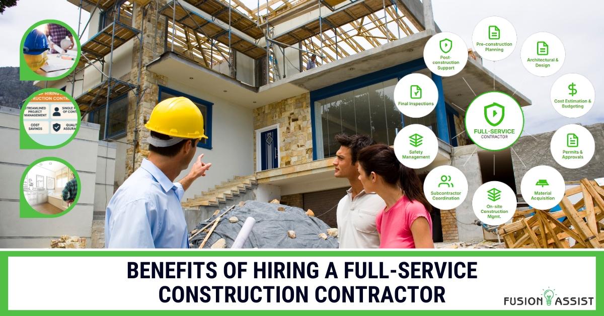 Construction worker pointing to a new house, illustrating benefits of full-service contractors for clients.