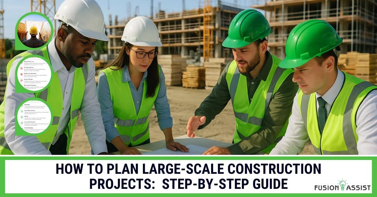 Construction team in hard hats reviewing blueprints and planning steps for a large-scale project