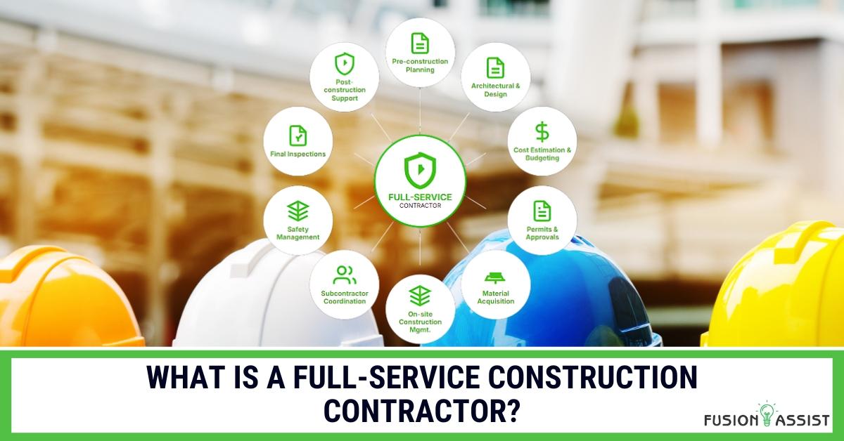 Hard hats on a construction site with a diagram explaining full-service contractor roles.