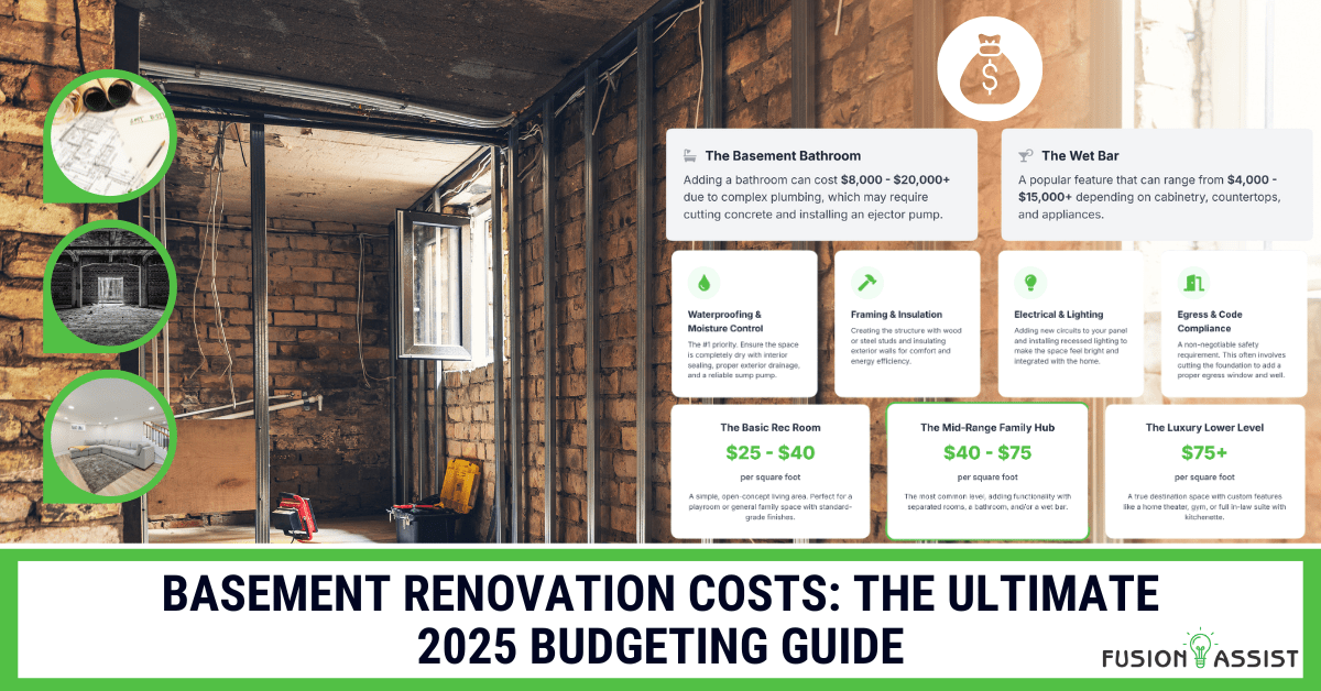 An infographic detailing basement renovation costs in an unfinished basement, showing price tiers and key expenses like bathrooms, waterproofing, and egress windows.