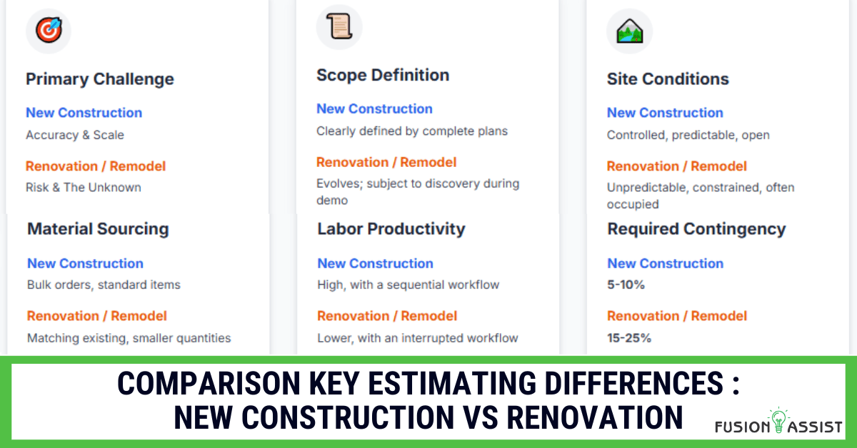 An infographic on estimating new construction, showing the reliance on architectural, structural, and MEP drawings and a lower required contingency fund.