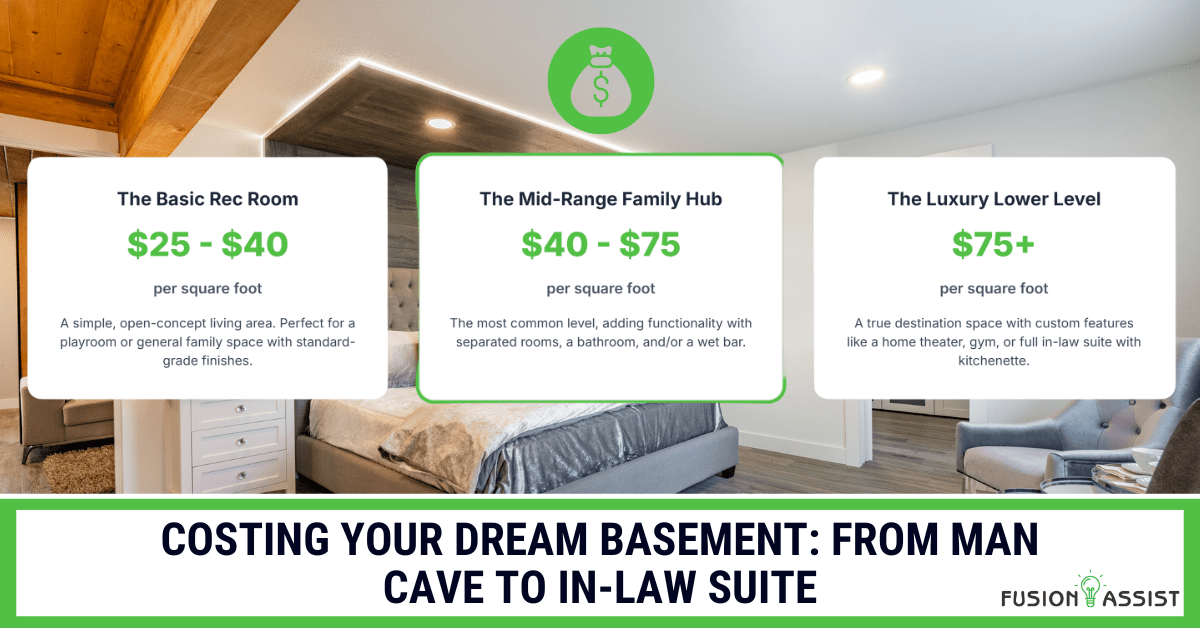 A chart comparing the per-square-foot renovation costs for a basic, mid-range, and luxury basement finish, from a simple rec room to a full in-law suite.