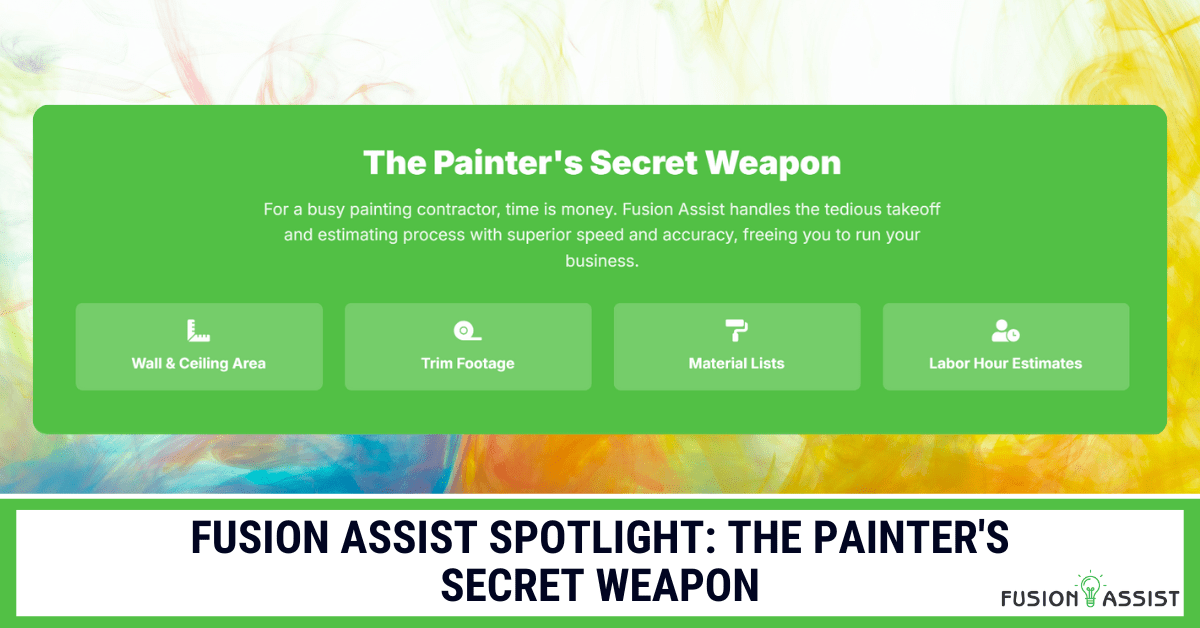A graphic titled "The Painter's Secret Weapon," highlighting how a service like Fusion Assist provides wall area calculations, material lists, and labor hour estimates for painting contractors.