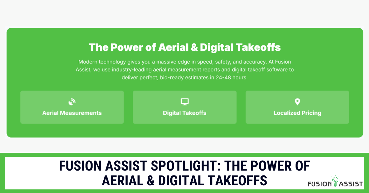 A graphic showing the Fusion Assist power of aerial and digital takeoffs for roofing, highlighting features like aerial measurements, digital takeoffs, and localized pricing.