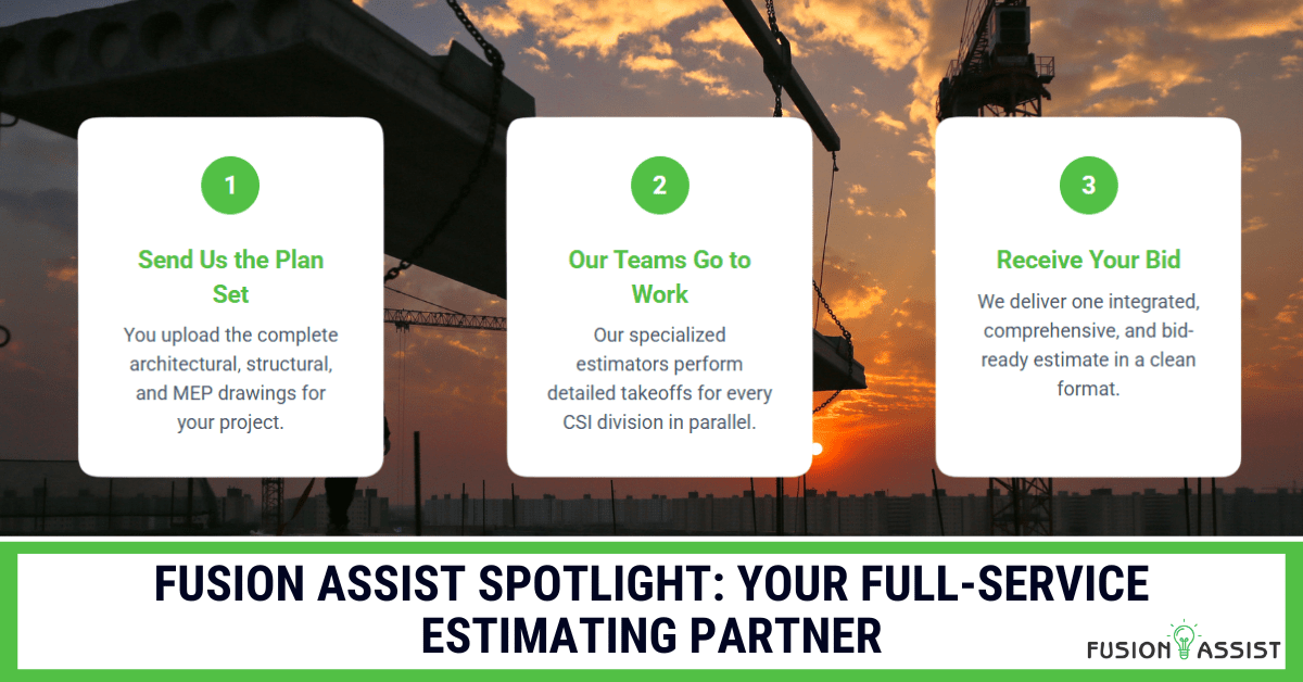 A three-step graphic showing how Fusion Assist works as a full-service construction estimating partner, from receiving plans to delivering a complete bid.