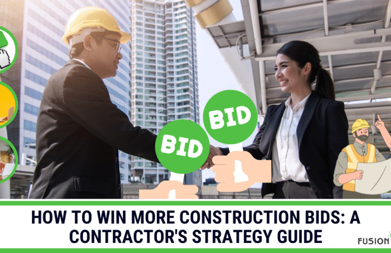Title image for a contractor's strategy guide on how to win more construction bids, showing two professionals shaking hands on a successful deal.