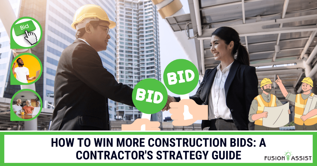 Title image for a contractor's strategy guide on how to win more construction bids, showing two professionals shaking hands on a successful deal.