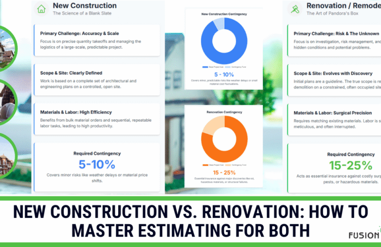 A split-screen guide comparing new construction vs. renovation estimating, highlighting the key differences in challenges, scope, and required contingency funds.