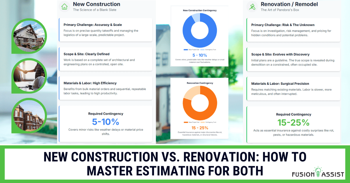 A split-screen guide comparing new construction vs. renovation estimating, highlighting the key differences in challenges, scope, and required contingency funds.