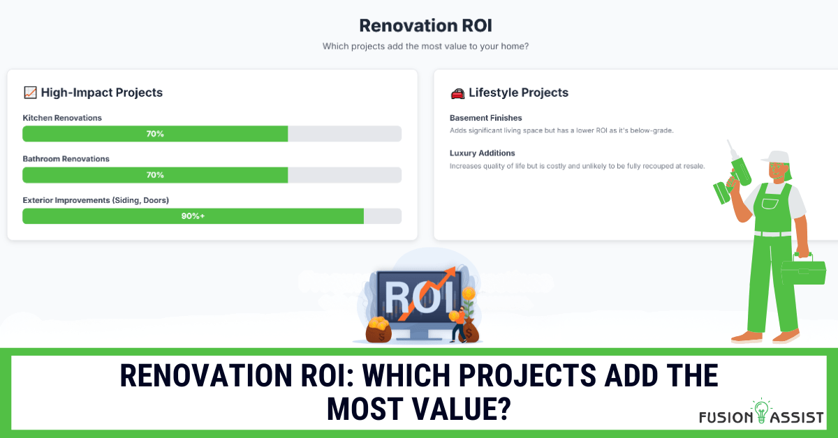 An infographic showing the renovation ROI for different projects, with high-impact projects like kitchens and bathrooms recouping 70% or more of their cost.
