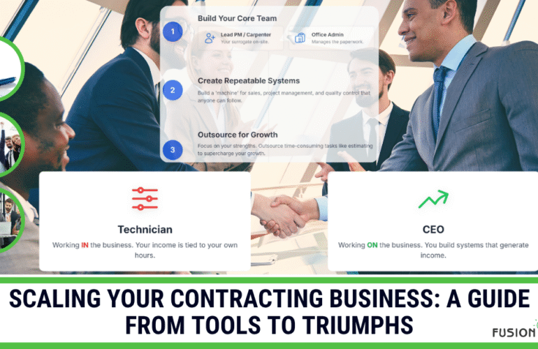 A guide to scaling your contracting business, showing the transition from a Technician working IN the business to a CEO working ON the business through key growth strategies.