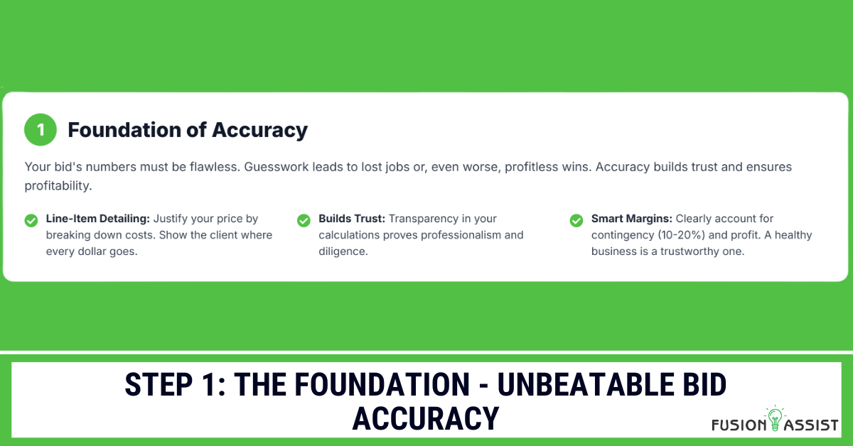 An infographic detailing Step 1 of a winning bidding strategy: achieving unbeatable bid accuracy through line-item details, building trust, and using smart margins.