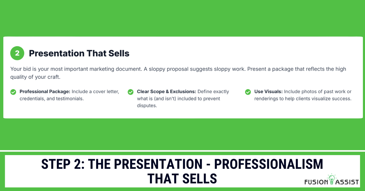 An infographic for Step 2 of a bidding strategy, showing how a professional presentation with a clear scope of work and visuals helps sell the job.