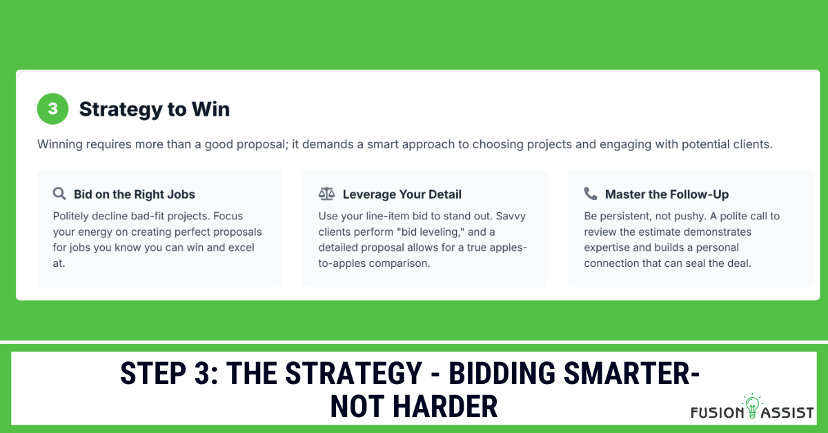 An infographic for Step 3 of a bidding strategy: bidding smarter by choosing the right jobs, leveraging detailed proposals, and mastering the follow-up.