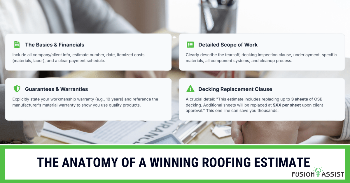 An infographic detailing the anatomy of a winning roofing estimate, including scope of work, financials, warranties, and a decking replacement clause.