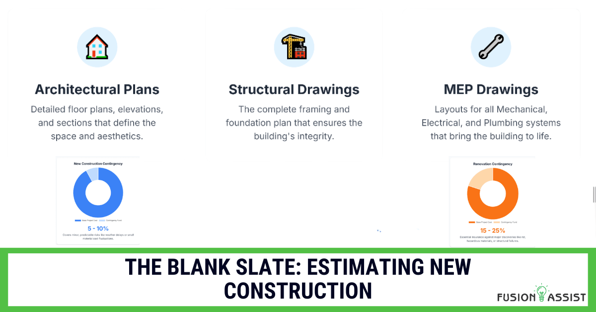A comparison chart detailing the key estimating differences between new construction vs. renovation, including scope, site conditions, labor productivity, and contingency.