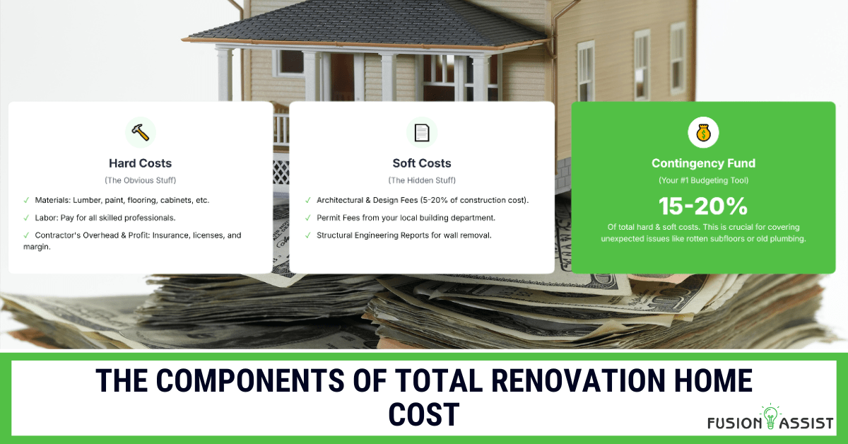 An infographic breaking down the components of total renovation home cost into three categories: hard costs, soft costs, and the essential 15-20% contingency fund.