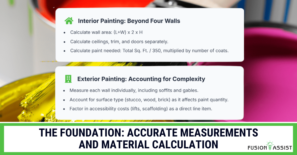 An infographic explaining the foundation of a good paint job estimate, showing the formulas for calculating interior and exterior paint and material needs.