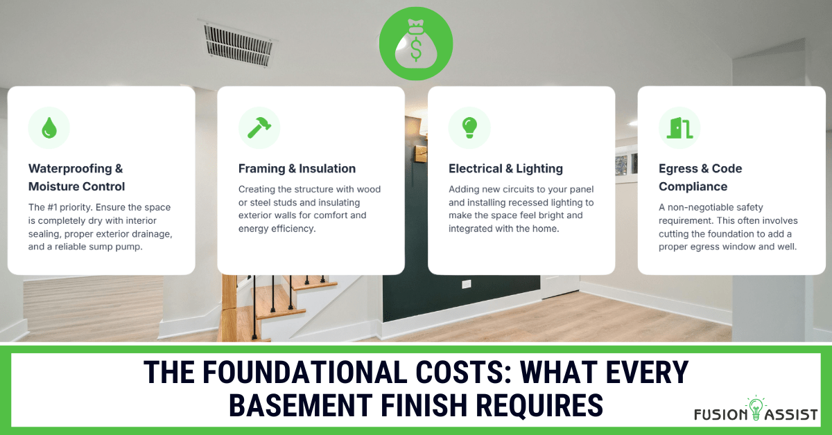 An infographic showing the four essential foundational costs for any basement finish: waterproofing, framing, electrical, and egress window for code compliance.