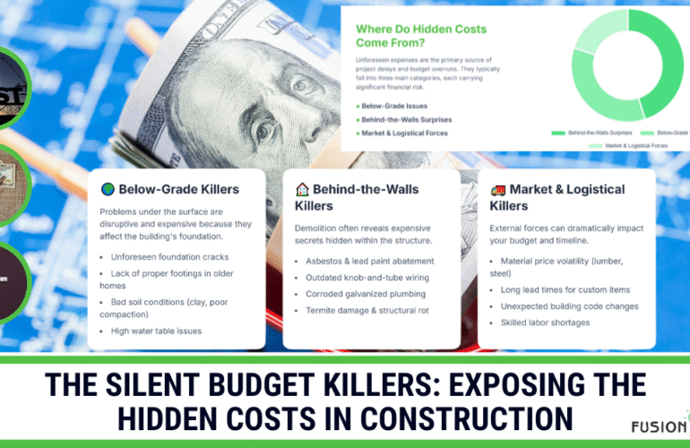 Title image for a guide exposing the silent budget killers in construction, detailing hidden costs from below-grade, behind-the-walls, and market forces.