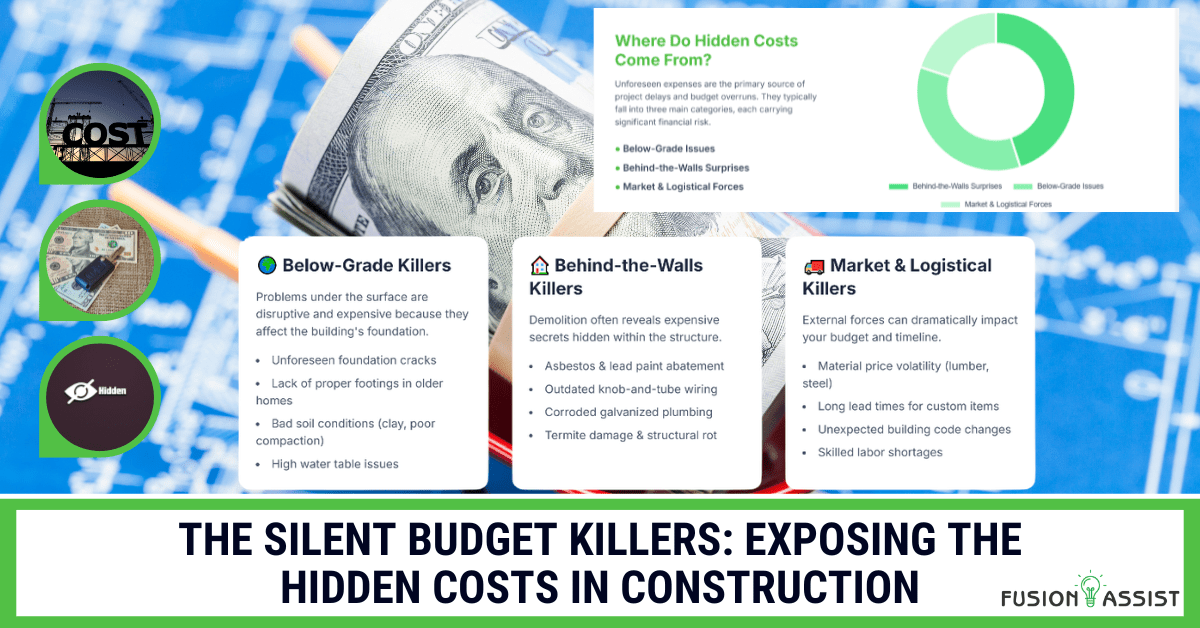 Title image for a guide exposing the silent budget killers in construction, detailing hidden costs from below-grade, behind-the-walls, and market forces.
