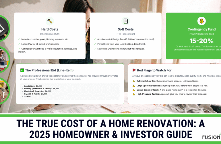 An infographic for a guide on the true cost of a home renovation, detailing hard costs, soft costs, the contingency fund, and how to spot red flags in a bid.