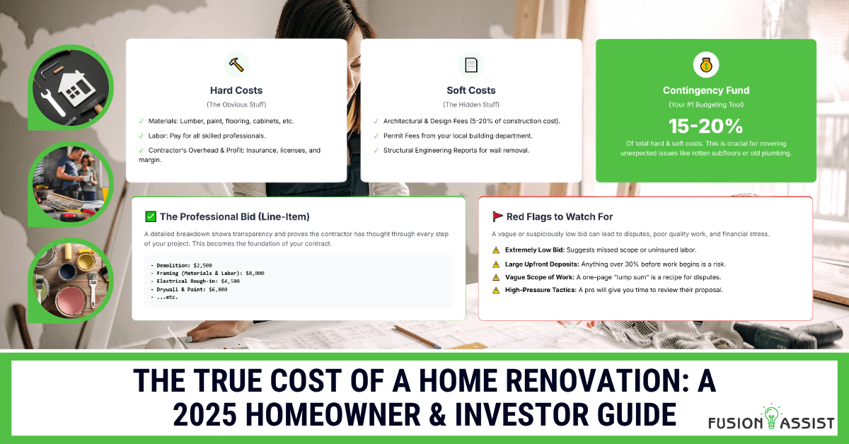 An infographic for a guide on the true cost of a home renovation, detailing hard costs, soft costs, the contingency fund, and how to spot red flags in a bid.