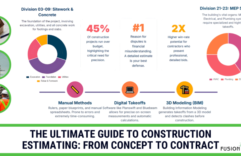 An infographic for a guide to construction estimating, detailing sitework, MEP systems, and the evolution from manual methods to digital takeoffs and BIM.
