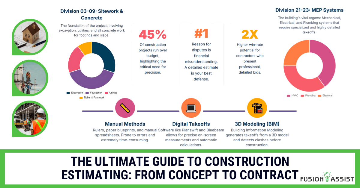An infographic for a guide to construction estimating, detailing sitework, MEP systems, and the evolution from manual methods to digital takeoffs and BIM.