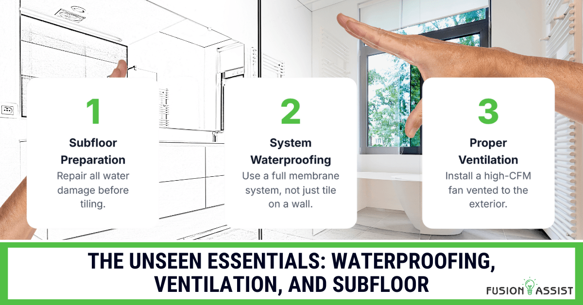 An infographic highlighting the three unseen essentials of a bathroom remodel: proper subfloor prep, system waterproofing, and adequate ventilation.
