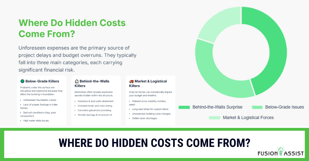 An infographic breaking down the three primary sources of hidden costs in construction: below-grade issues, behind-the-walls surprises, and market forces.