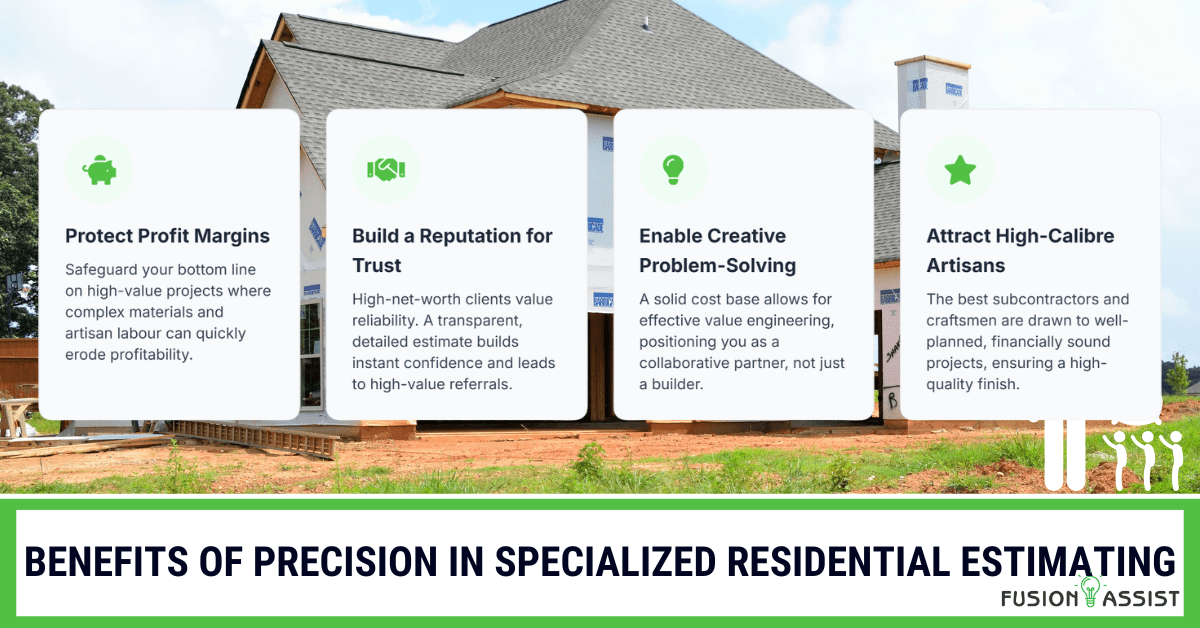 An infographic listing the benefits of precision in residential estimating, such as protecting profit margins, building trust, and attracting high-calibre artisans.