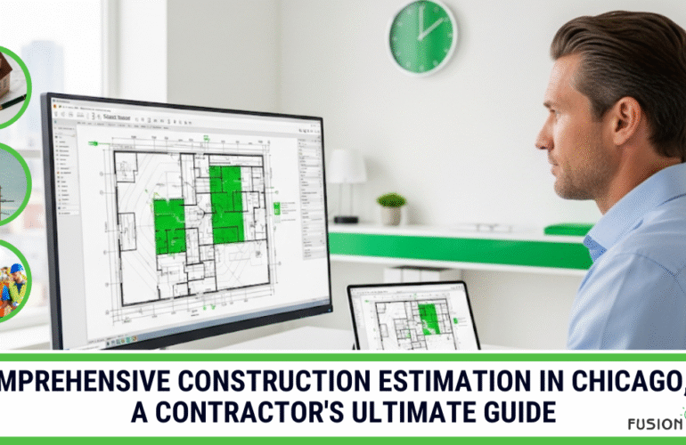 A Chicago construction estimator using digital takeoff software on a large monitor, representing a contractor's guide to comprehensive construction estimation in Chicago, IL.