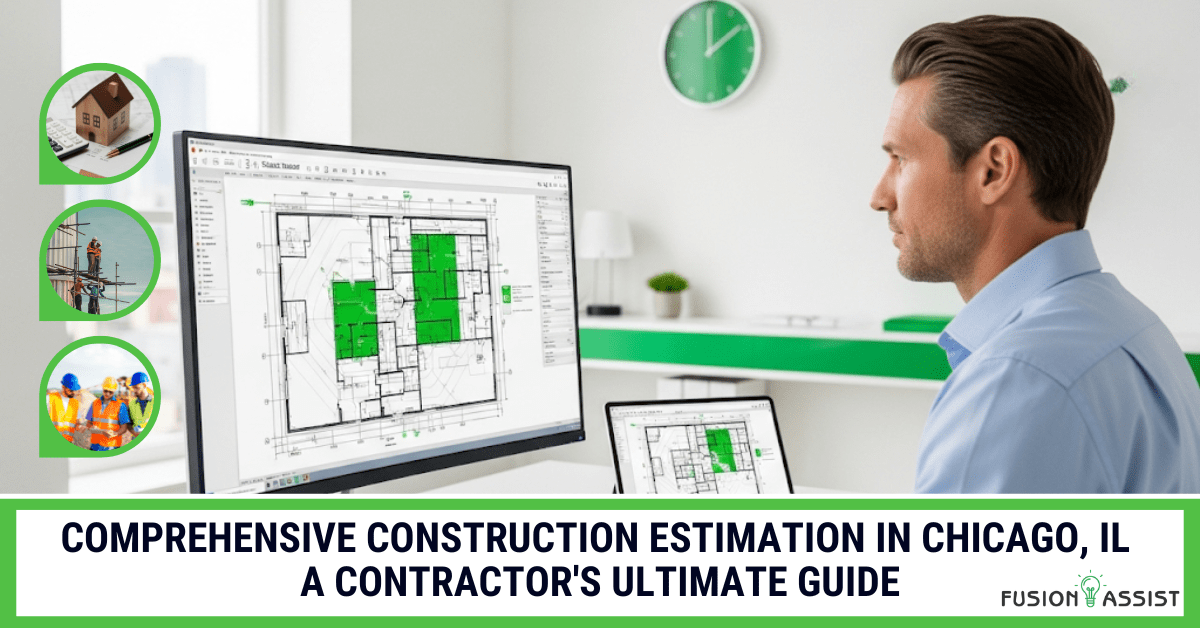 A Chicago construction estimator using digital takeoff software on a large monitor, representing a contractor's guide to comprehensive construction estimation in Chicago, IL.
