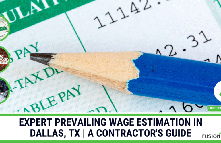 A pencil pointing to a payslip, serving as the title image for a contractor's guide to expert prevailing wage estimation in Dallas, TX.