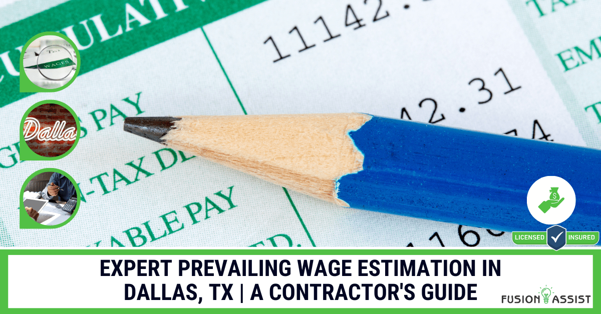 A pencil pointing to a payslip, serving as the title image for a contractor's guide to expert prevailing wage estimation in Dallas, TX.