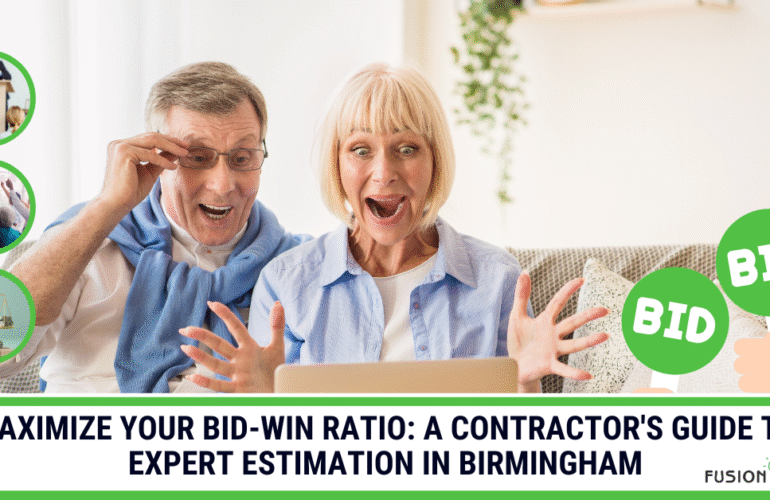 Happy clients accepting a bid on a laptop, illustrating a contractor's guide to maximizing their bid-win ratio with expert estimation in Birmingham.
