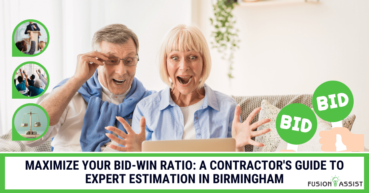 Happy clients accepting a bid on a laptop, illustrating a contractor's guide to maximizing their bid-win ratio with expert estimation in Birmingham.