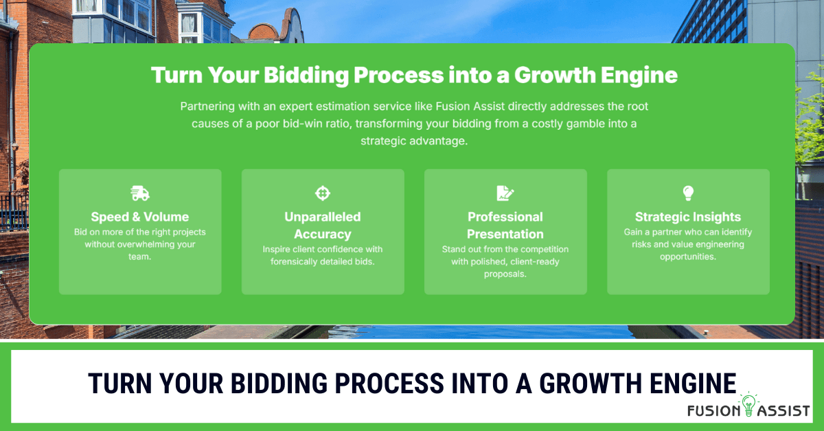 A graphic showing how to turn your bidding process into a growth engine with speed, accuracy, professional presentation, and strategic insights from an expert service by Fusion Assist