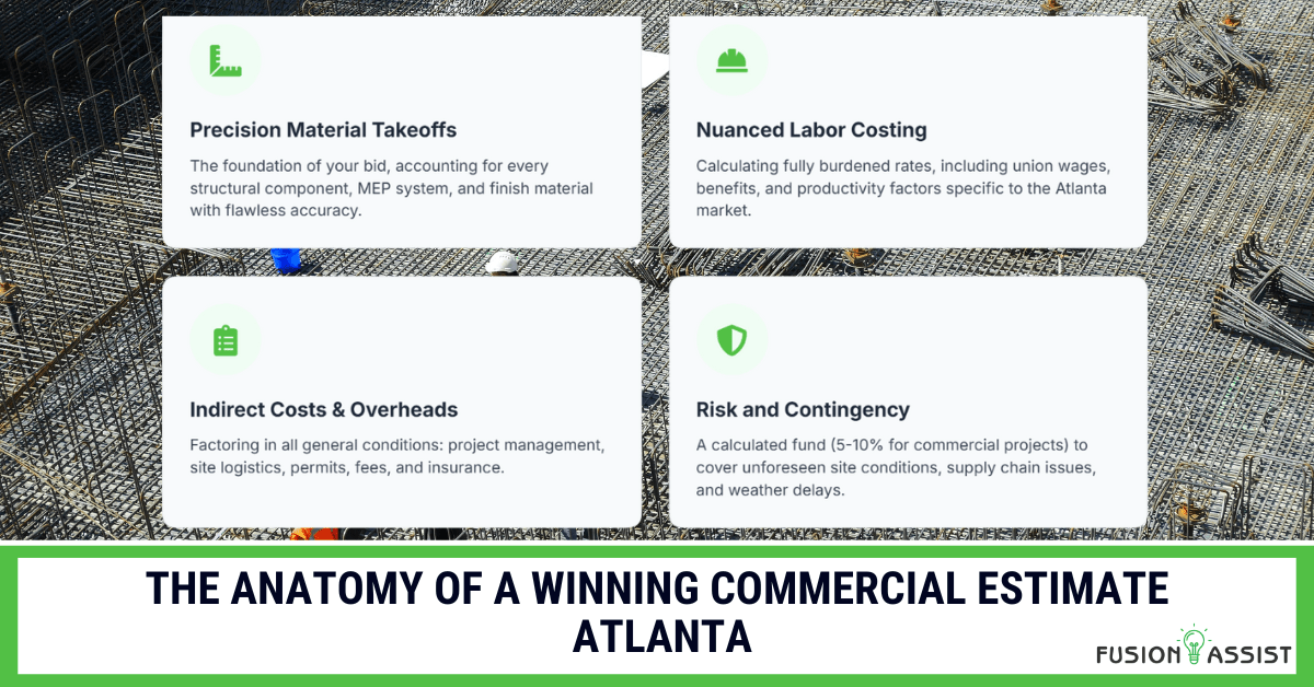 An infographic detailing the anatomy of a winning commercial estimate in Atlanta, including precision takeoffs, labor costing, overheads, and contingency.