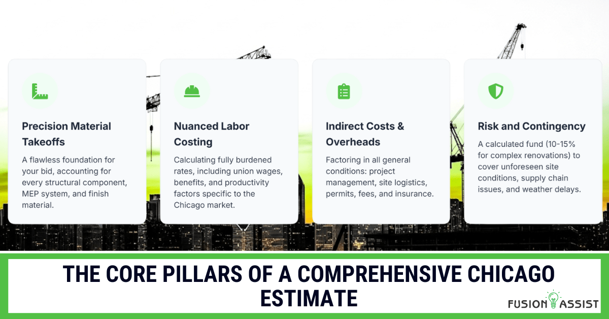 An infographic over the Chicago skyline detailing the four core pillars of a comprehensive estimate: precision takeoffs, labor costing, indirect costs, and contingency.