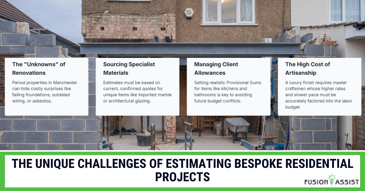 An infographic over a house extension showing the unique challenges of estimating bespoke residential projects, including unknowns, specialist materials, and artisan costs