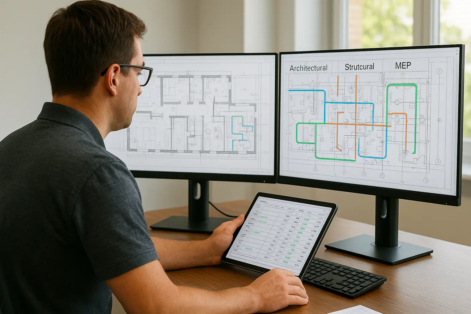Estimator reviewing UK commercial project drawings with BCIS and NRM data.