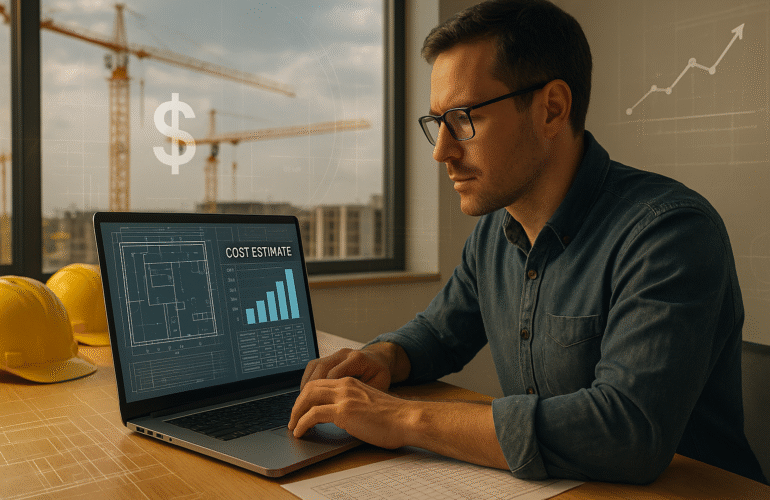 Construction cost estimator working on laptop displaying blueprints and charts in a bright office overlooking cranes, illustrating modern digital estimation and cost optimization in 2025.