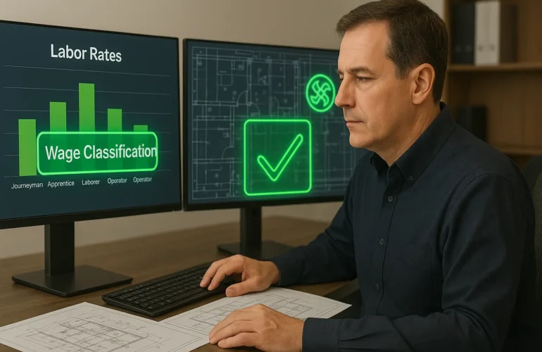 Estimator reviewing UK labour cost data including JIB and BCIS rates.