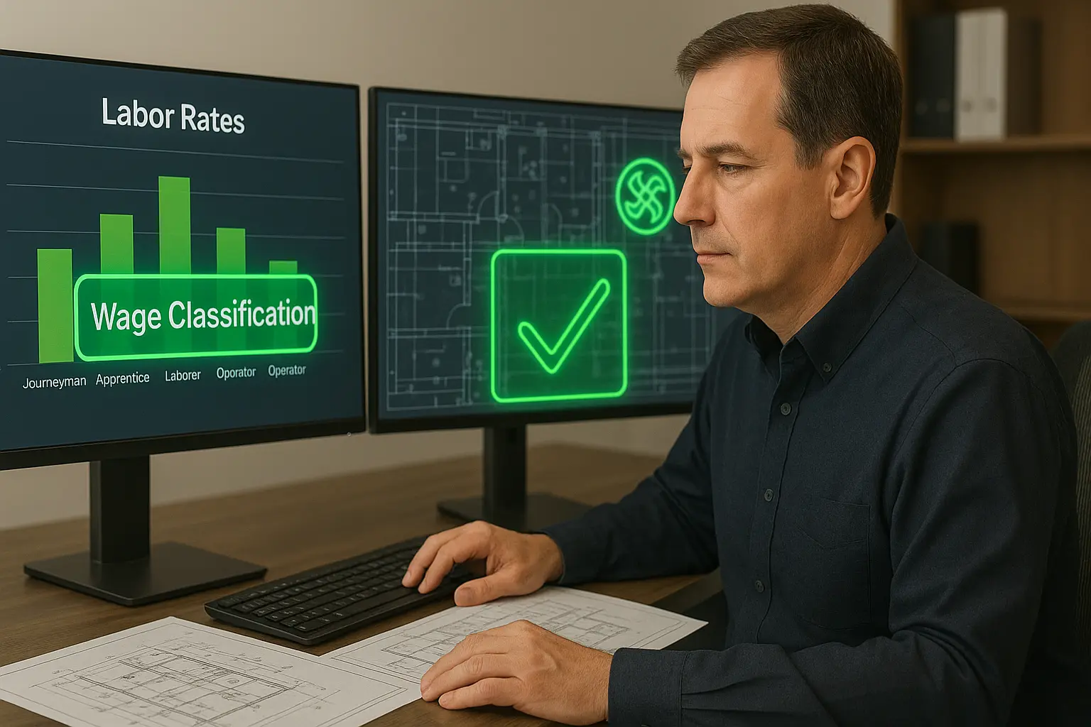 Estimator reviewing UK labour cost data including JIB and BCIS rates.