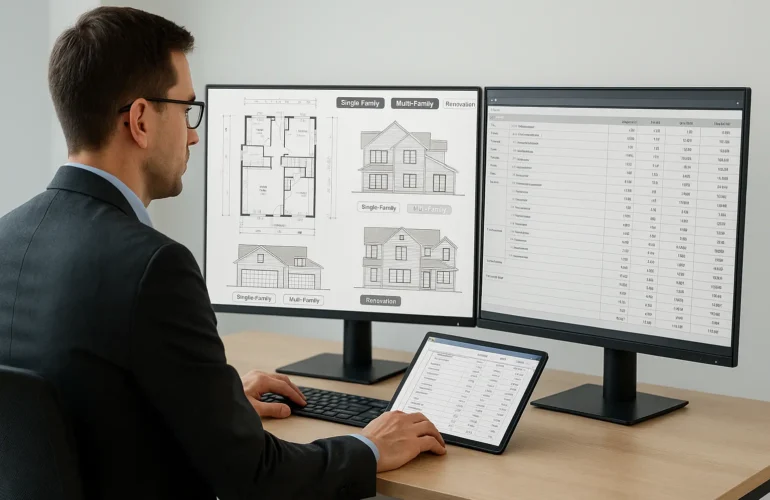 Estimator reviewing UK residential drawings with BCIS cost data