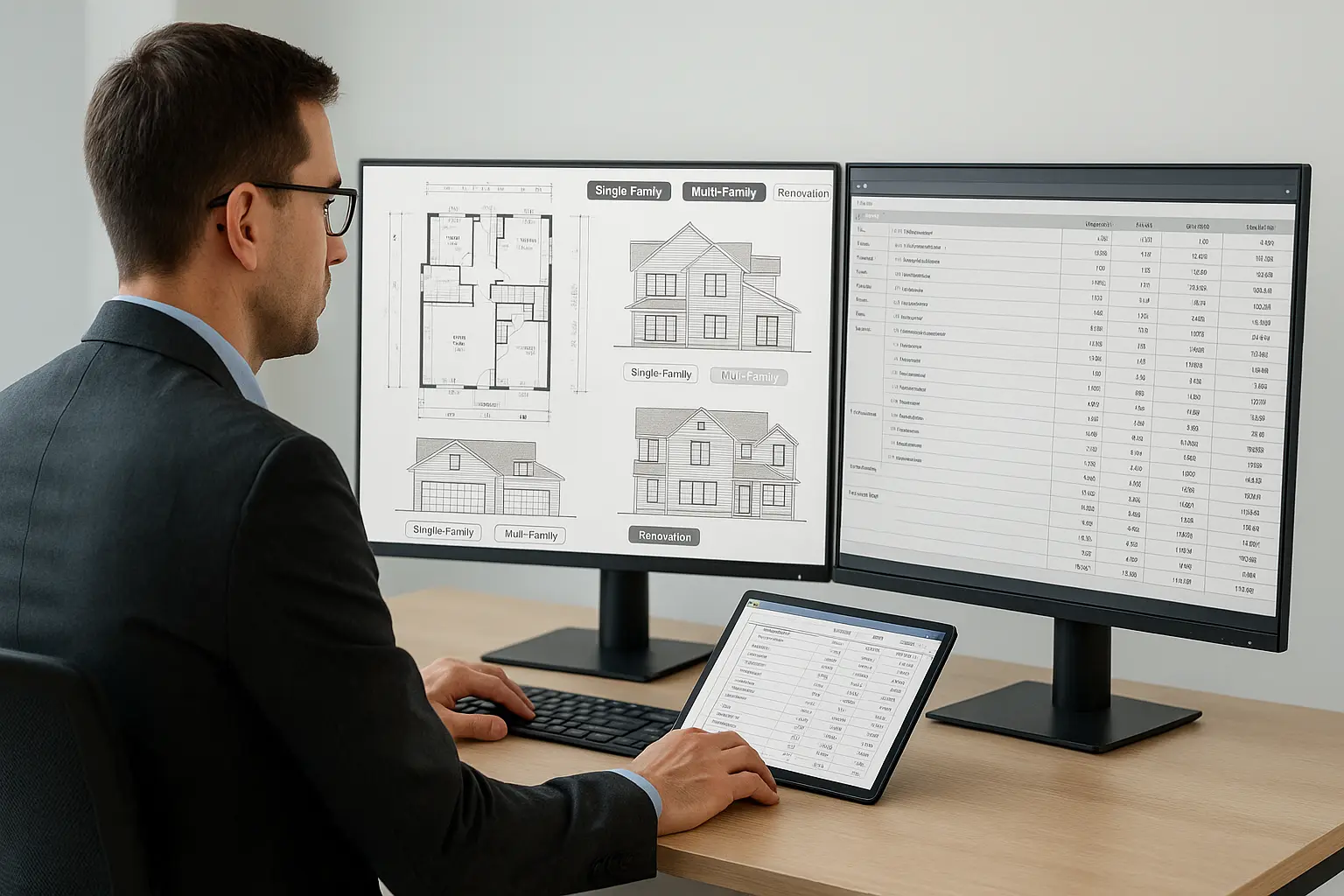 Estimator reviewing UK residential drawings with BCIS cost data
