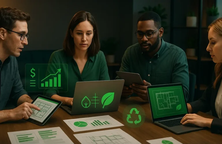 A team of construction and engineering professionals sit around a table collaborating on laptops and tablets displaying green icons for sustainability, cost efficiency, and blueprints. Digital overlays show symbols for growth charts, leaves, and recycling, representing value engineering in construction and sustainable project optimization.
